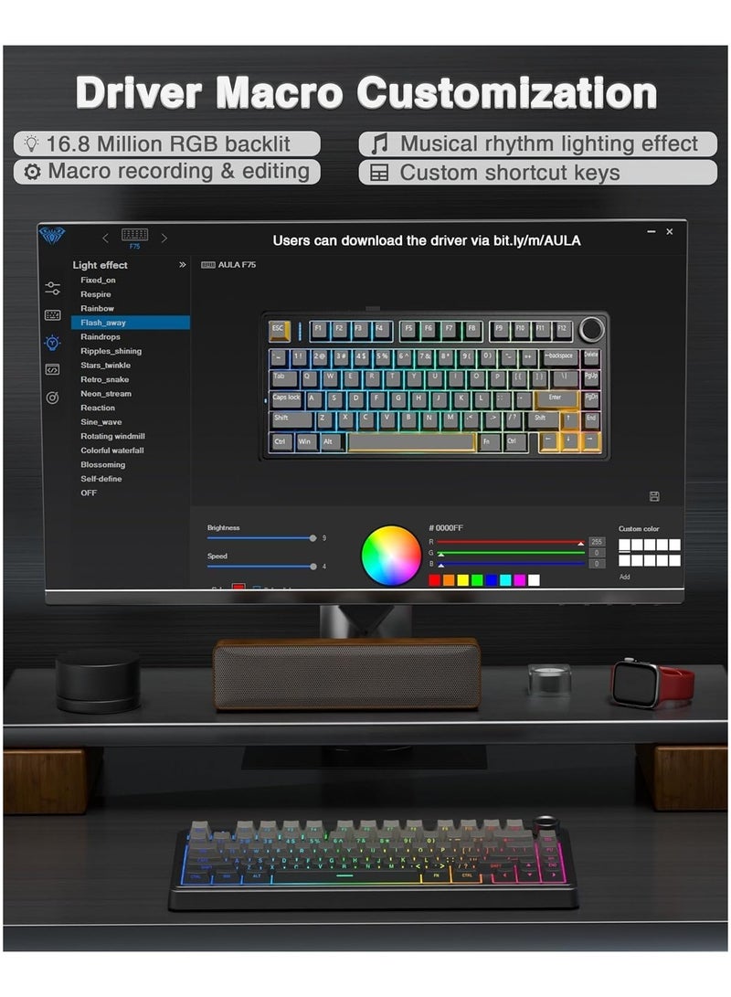 F75 Pro Wireless Mechanical Keyboard,75% Gasket Hot Swappable Custom Keyboard,RGB Backlit,Pre-lubed Reaper Switches,Side Printed PBT Keycaps,2.4GHz/USB-C/BT5.0 Mechanical Gaming Keyboard