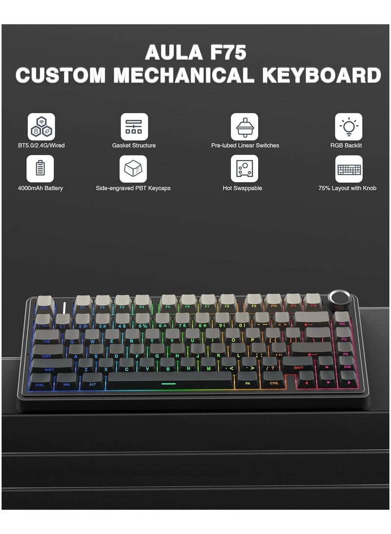 F75 Pro Wireless Mechanical Keyboard,75% Gasket Hot Swappable Custom Keyboard,RGB Backlit,Pre-lubed Reaper Switches,Side Printed PBT Keycaps,2.4GHz/USB-C/BT5.0 Mechanical Gaming Keyboard