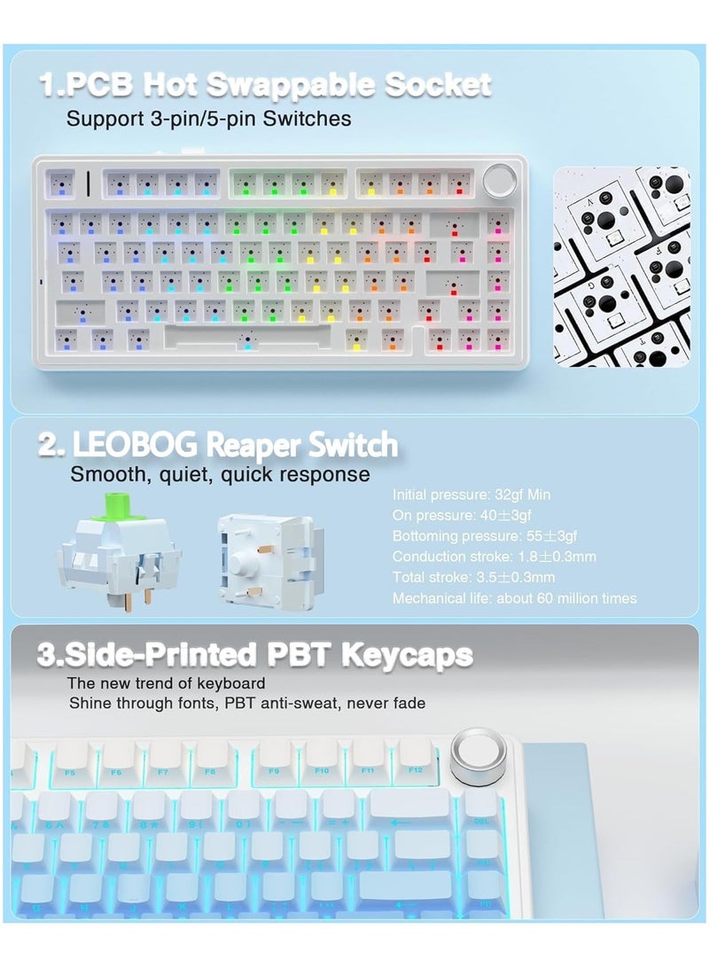 F75 Pro Wireless Mechanical Keyboard,75% Gasket Hot Swappable Custom Keyboard,RGB Backlit,Pre-lubed Reaper Switches,Side Printed PBT Keycaps,2.4GHz/USB-C/BT5.0 Mechanical Gaming Keyboard