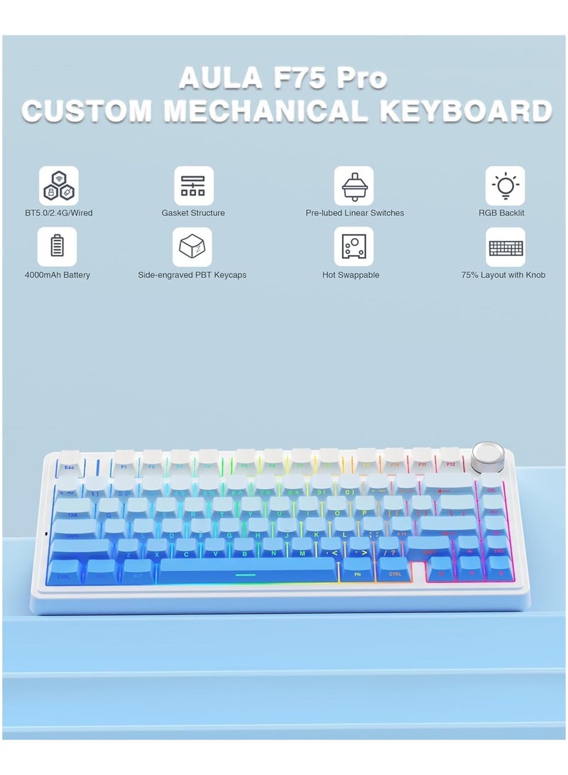 F75 Pro Wireless Mechanical Keyboard,75% Gasket Hot Swappable Custom Keyboard,RGB Backlit,Pre-lubed Reaper Switches,Side Printed PBT Keycaps,2.4GHz/USB-C/BT5.0 Mechanical Gaming Keyboard