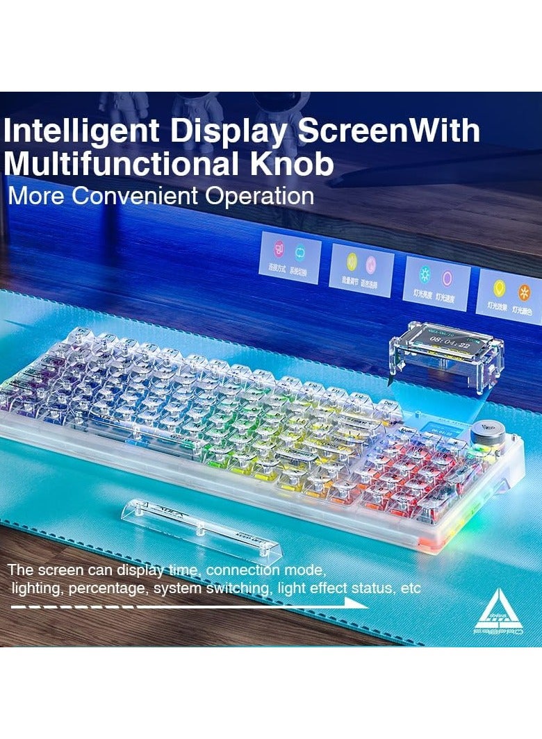 F98 Pro Wireless Mechanical Keyboard with Transparent Keycaps, Hot-swappable, Pre-lubed Crystal Switch, Gasket Structure, RGB Backlit, OLED Screen,BT5.0/2.4G/USB-C Wired Computer Keyboard