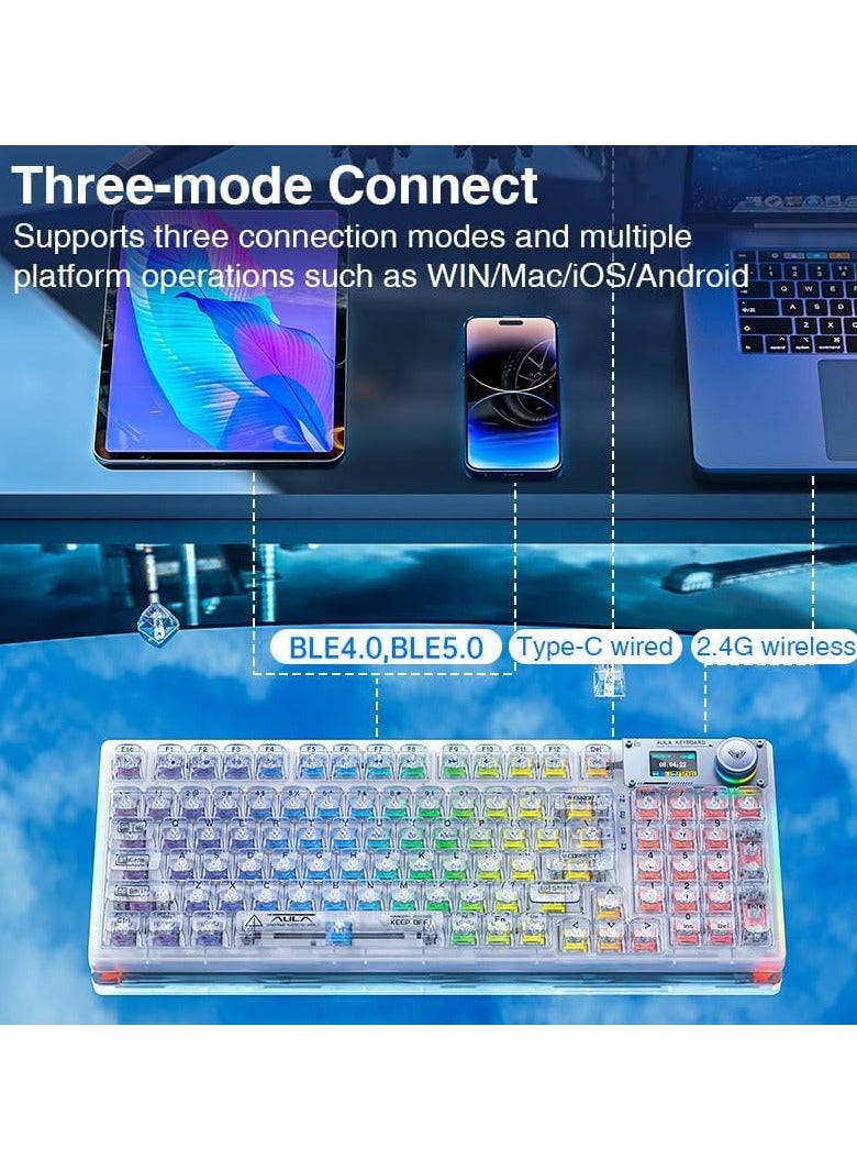 F98 Pro Wireless Mechanical Keyboard with Transparent Keycaps, Hot-swappable, Pre-lubed Crystal Switch, Gasket Structure, RGB Backlit, OLED Screen,BT5.0/2.4G/USB-C Wired Computer Keyboard