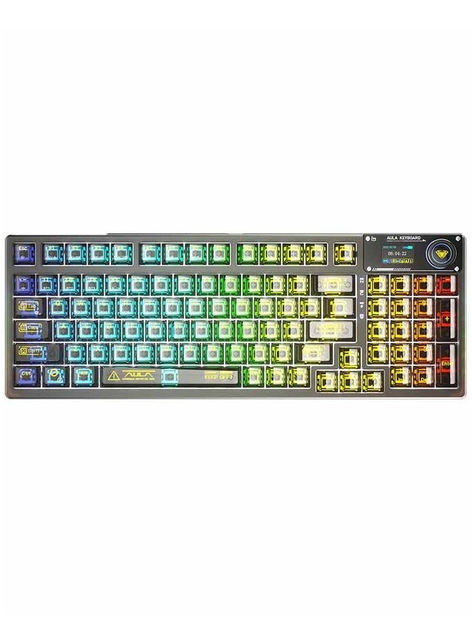 F98 Pro Wireless Mechanical Keyboard with Transparent Keycaps, Hot-swappable, Pre-lubed Crystal Switch, Gasket Structure, RGB Backlit, OLED Screen,BT5.0/2.4G/USB-C Wired Computer Keyboard