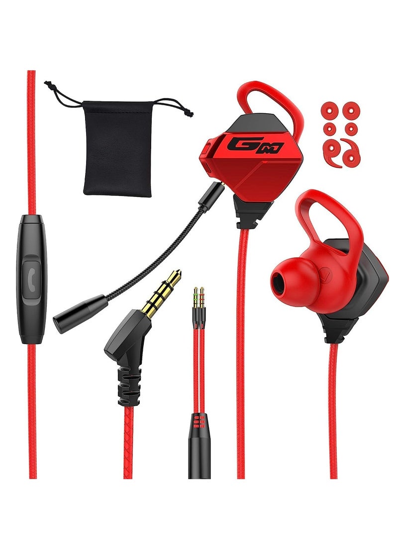 Gaming Earbuds with Microphone, Stereo Wired Headphones for Computer Gamer in-Ear Headphones with Detachable Mic for PS 5 Video Game E-Sport Earphone with 3.5mm Jack Red