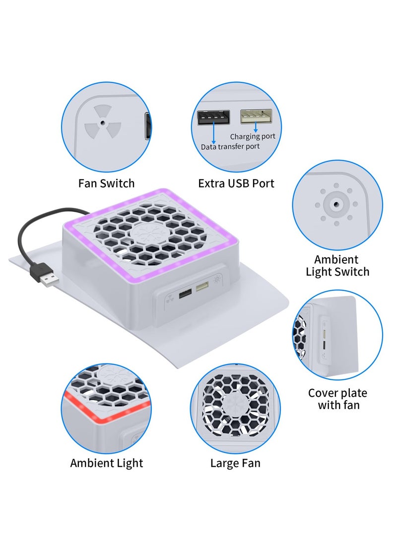 Slim Cooling Fan for PS5: Advanced Cooling Solution with PS5 Slim Cover, RGB LED Lights, 3 Adjustable Fan Speeds, and Dual USB Charging Ports for PS5 Slim Digital and Disc Editions.