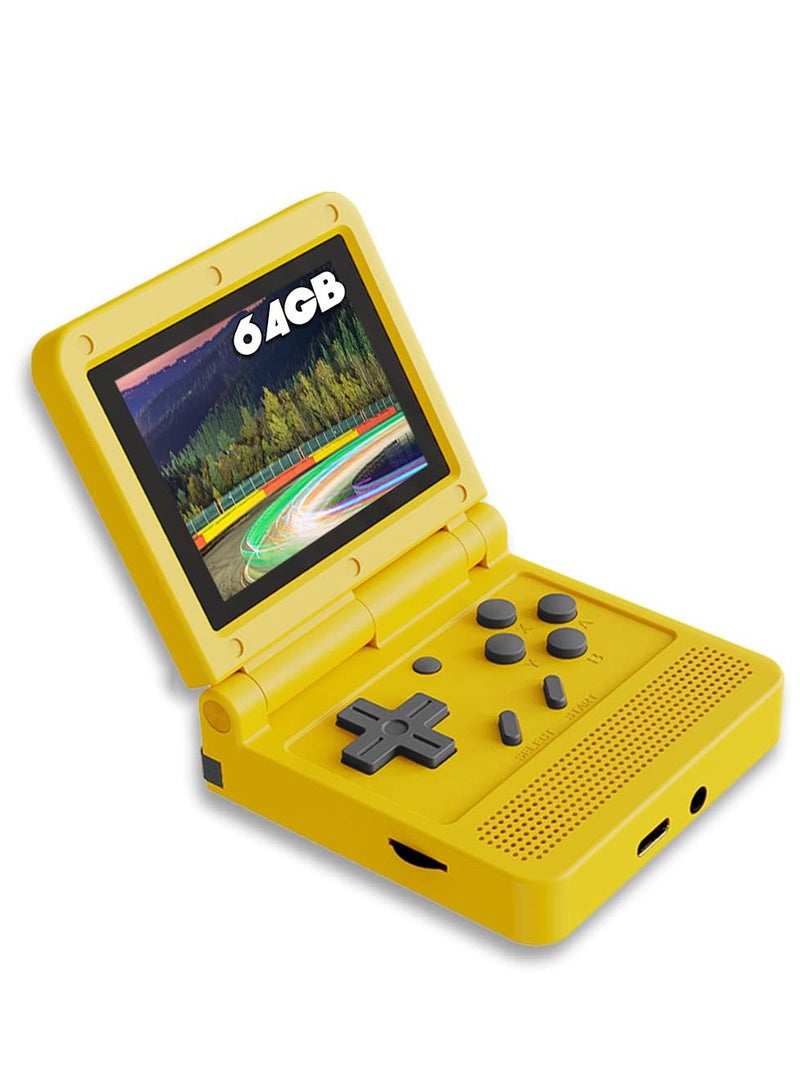 Portable Mini Retro Game Console with 3-Inch IPS Screen, Open System, 64GB TF Card, Built-in Games, Rechargeable Battery - Flip Handheld Game Console in Yellow