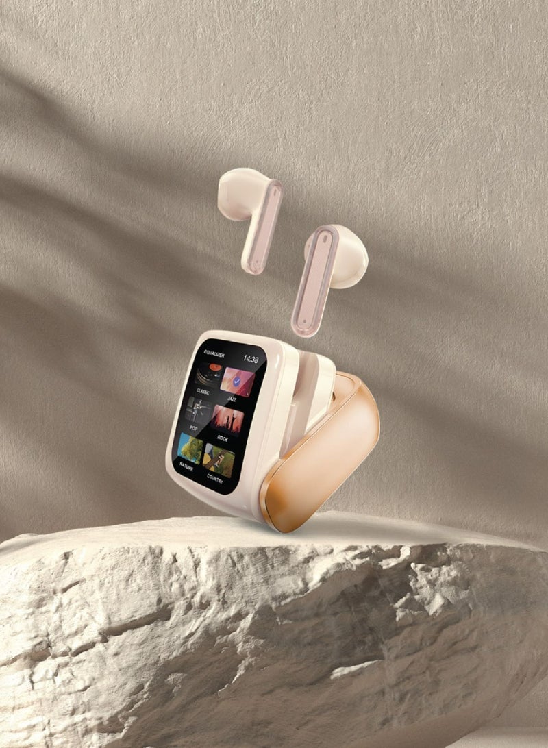 Smart Display Earbuds |Touch Display| Bluetooth 5.3| Hands-Free Calls| Environmental Noise Cancellation and 5 hours Music Time- Beige