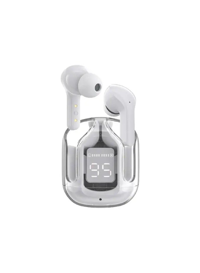 HY Crystal-T6 Earbuds With LED Display Gaming Headphones Portable Stereo HD Sound Microphone Crystal Case Noise Cancellation With Charging(White)