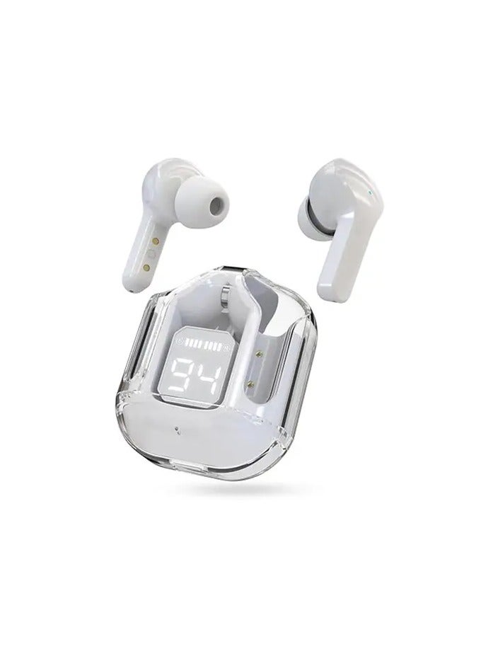 HY Crystal-T6 Earbuds With LED Display Gaming Headphones Portable Stereo HD Sound Microphone Crystal Case Noise Cancellation With Charging(White)