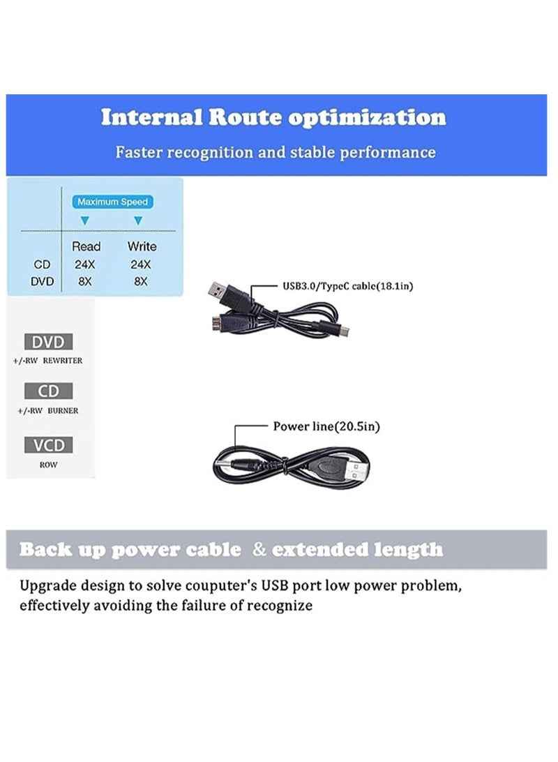 External CD DVD Drive, Type C USB 3.0 Extended Cable Backup Power Line Portable DVD Player CD/DVD +/-RW Burner Reader for Laptop Desktop PC Apple Mac Macbook Pro Windows 11/10/8/7 / XP Linux OS