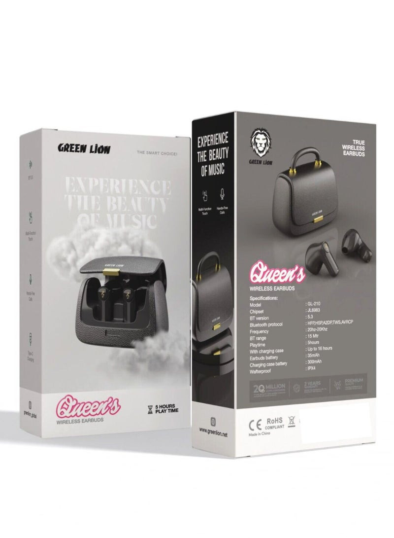 Queens Earbuds with 5 Hours Playtime| Bluetooth Version 5.3| Earbuds Battery 35mAH| IPX4 Waterproof_Black