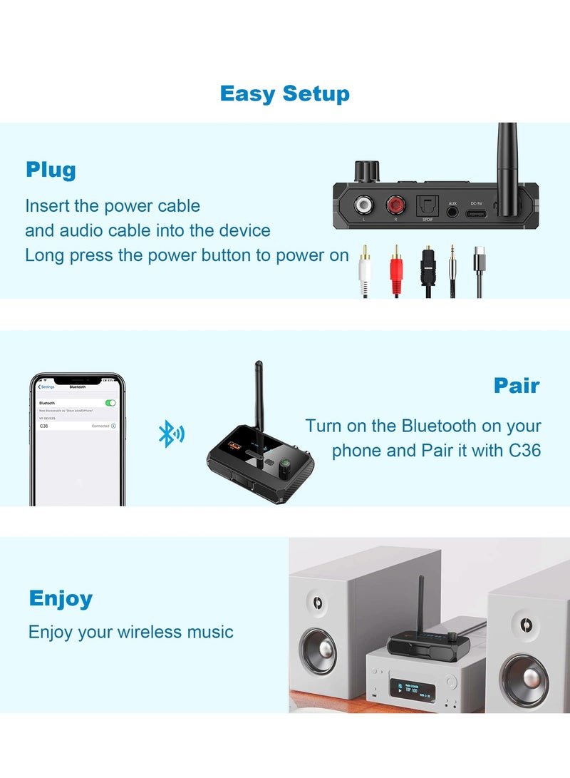 Bluetooth Audio Adapter Transmitter Receiver - Bluetooth 5.1 Transmitter Receiver for TV Home Stereo Bluetooth Adapter for Receiver Wireless Audio Adapter with Low Latency RCA AUX 3.5mm