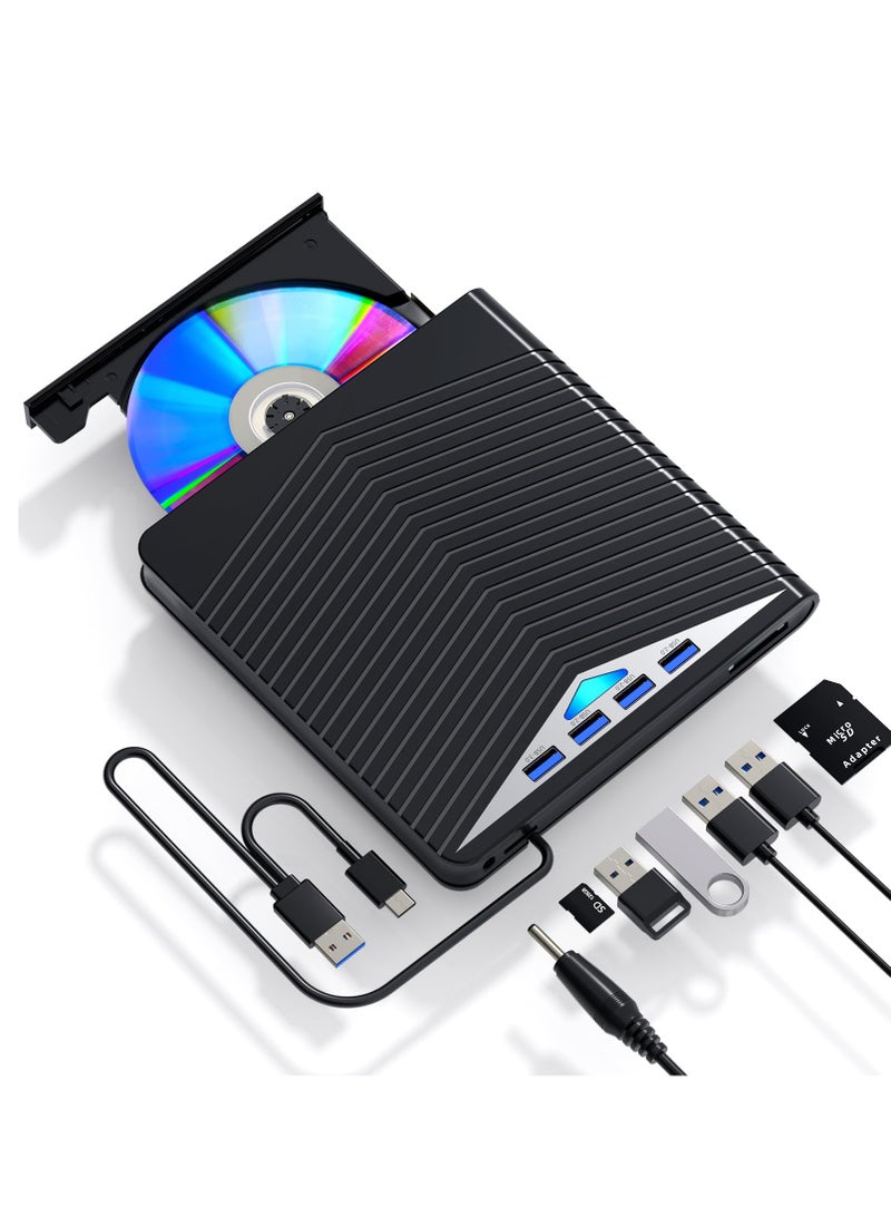 7-in-1 External CD/DVD Drive with USB 3.0, 4 USB Ports, and 2 TF/SD Card Slots - Optical Disk Burner for Laptop, Mac, and Compatible with Windows 10/8/7 and Linux OS.