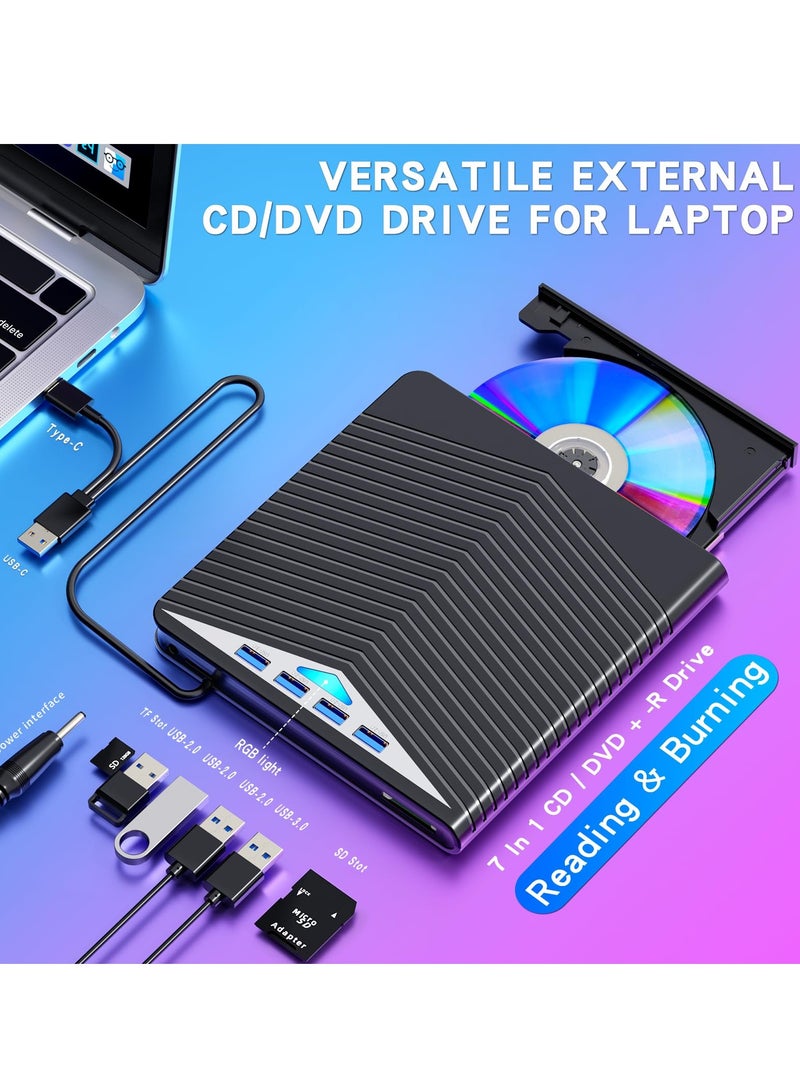 7-in-1 External CD/DVD Drive with USB 3.0, 4 USB Ports, and 2 TF/SD Card Slots - Optical Disk Burner for Laptop, Mac, and Compatible with Windows 10/8/7 and Linux OS.