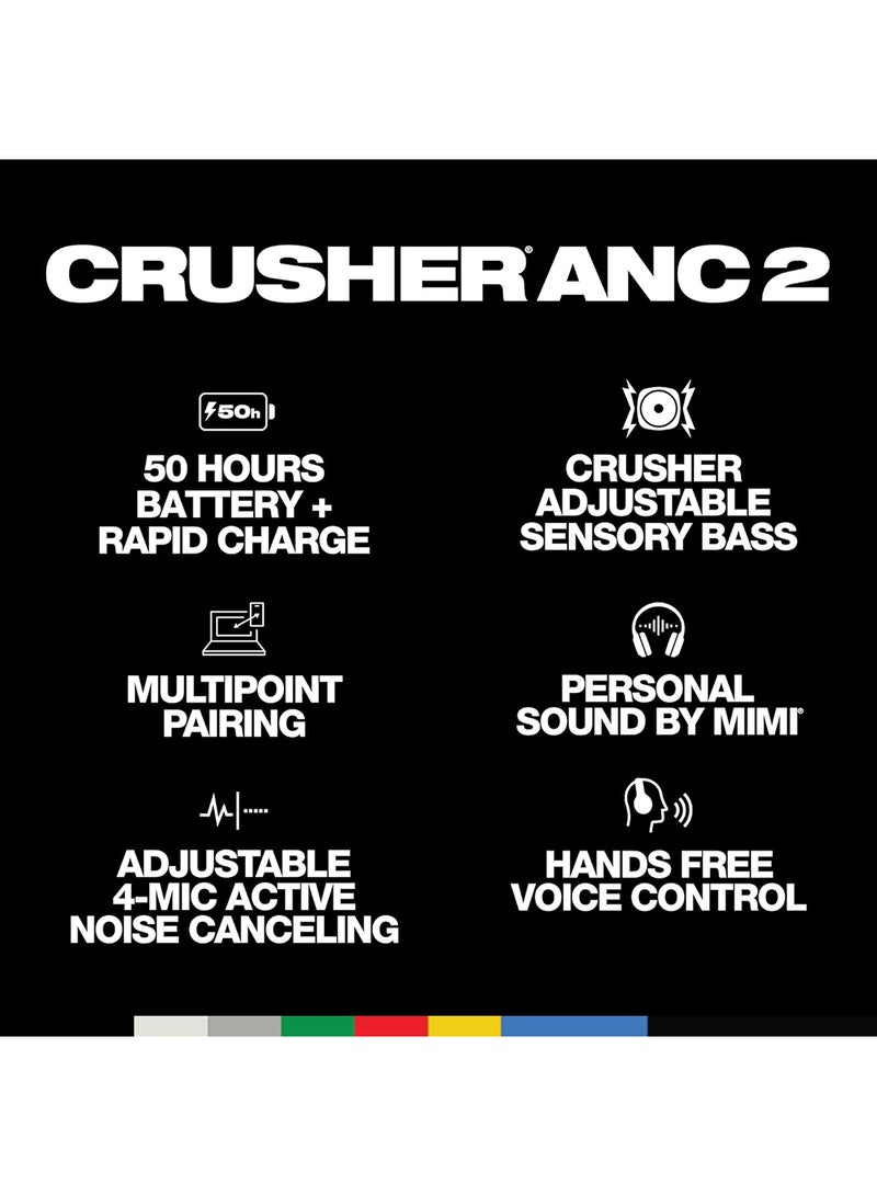 Crusher ANC 2 Over-Ear Noise Cancelling Wireless Headphones With Sensory Bass, 50 Hr Battery, Skull-iQ, Alexa Enabled, Microphone, Works With Bluetooth Devices Bone/Orange Glow