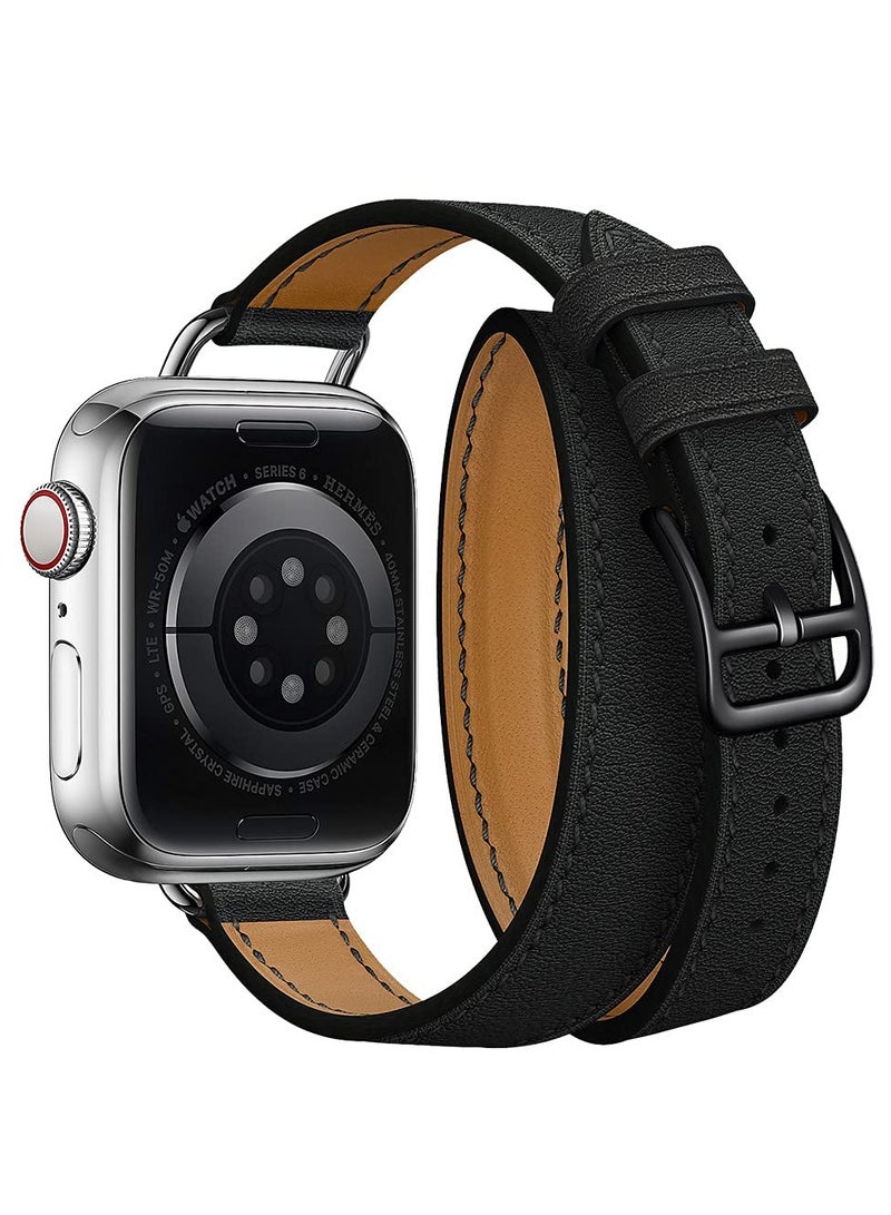 Stylish Leather Double Tour Wristband for Women, Compatible with Apple Watch 38-45mm, Perfect for iWatch SE Series 7/6/5/4/3, Black