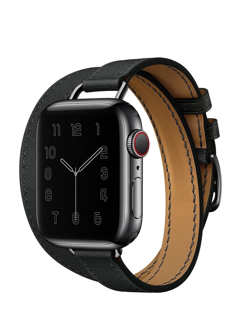 Stylish Leather Double Tour Wristband for Women, Compatible with Apple Watch 38-45mm, Perfect for iWatch SE Series 7/6/5/4/3, Black