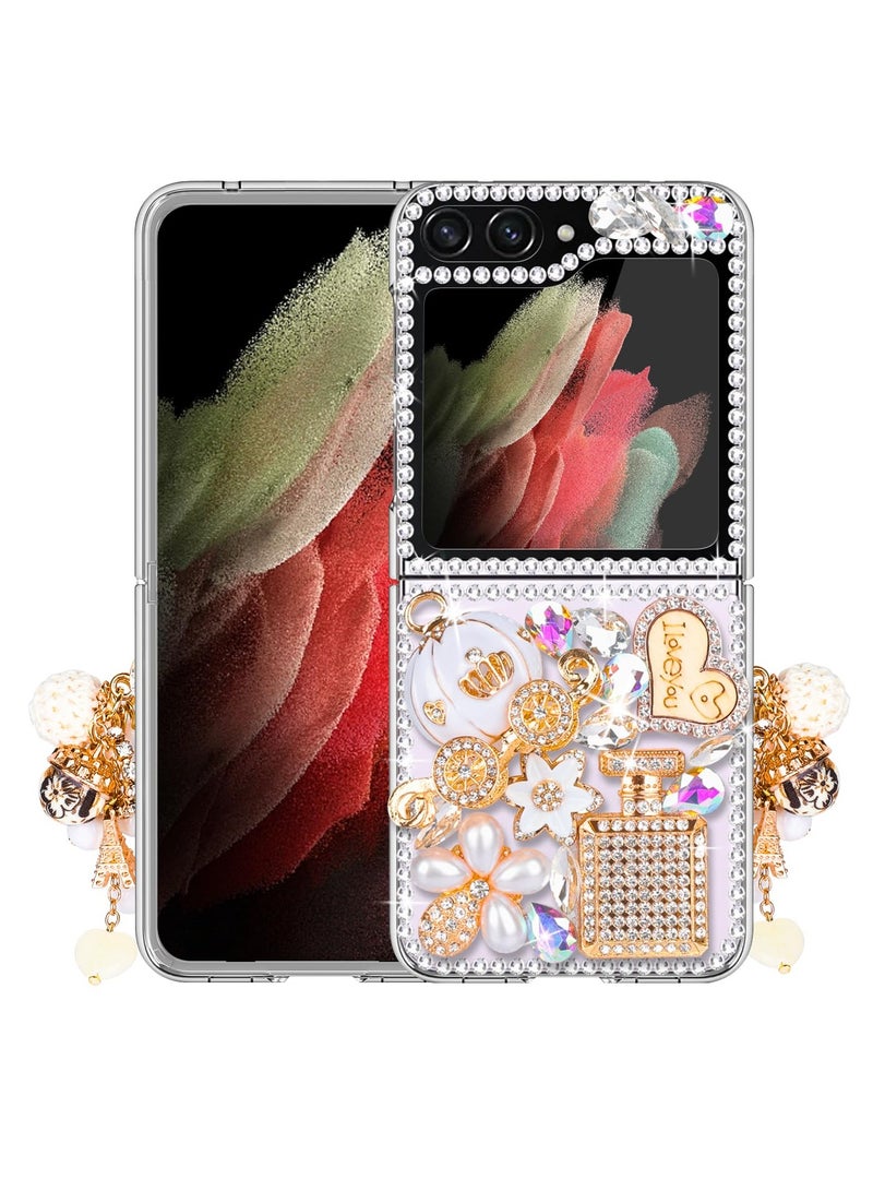 Luxury Handmade Rhinestone Case for Galaxy Z Flip 5 with Sparkling Pumpkin Charm, Bling Glitter Hard PC Cover for Women and Girls in White