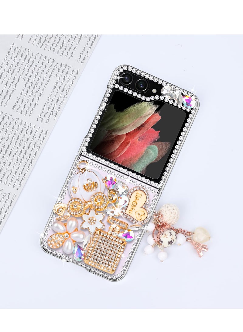 Luxury Handmade Rhinestone Case for Galaxy Z Flip 5 with Sparkling Pumpkin Charm, Bling Glitter Hard PC Cover for Women and Girls in White