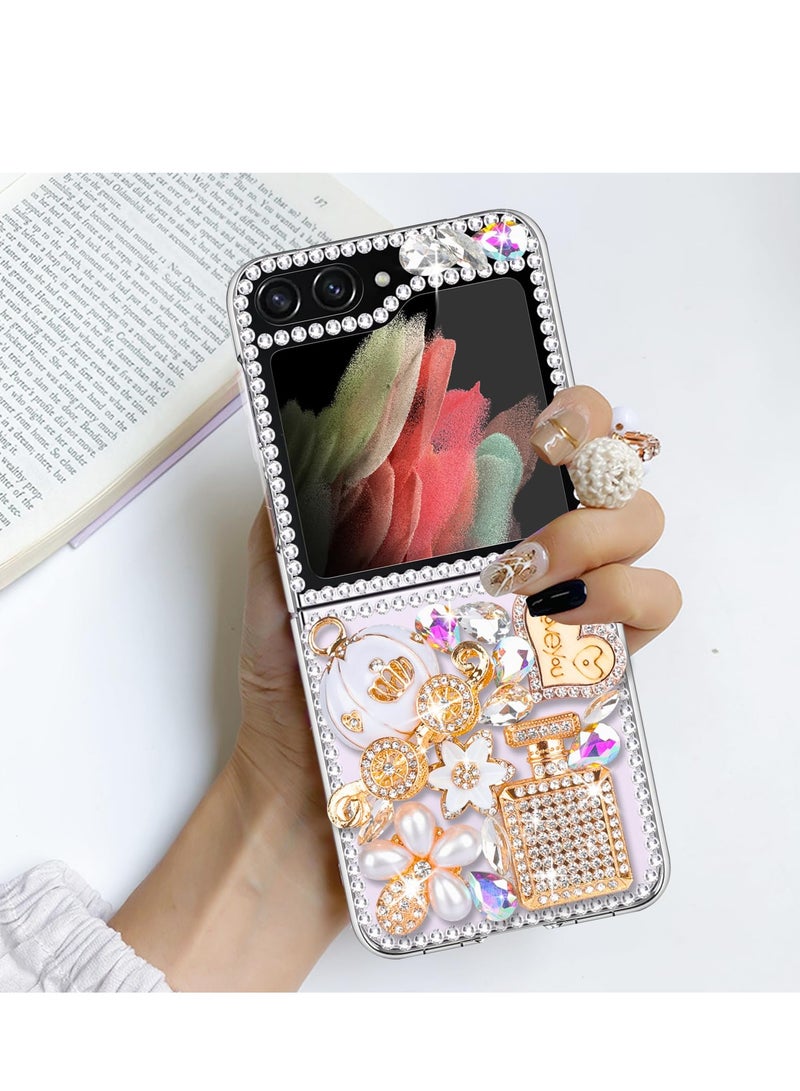 Luxury Handmade Rhinestone Case for Galaxy Z Flip 5 with Sparkling Pumpkin Charm, Bling Glitter Hard PC Cover for Women and Girls in White