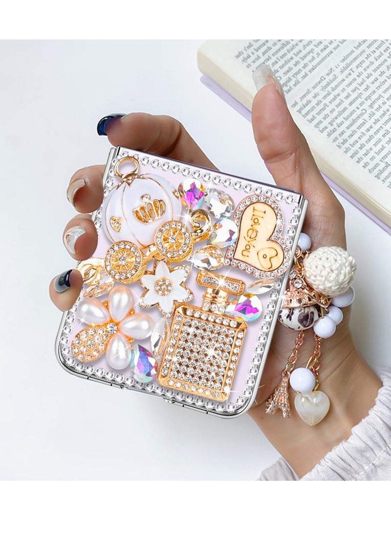 Luxury Handmade Rhinestone Case for Galaxy Z Flip 5 with Sparkling Pumpkin Charm, Bling Glitter Hard PC Cover for Women and Girls in White