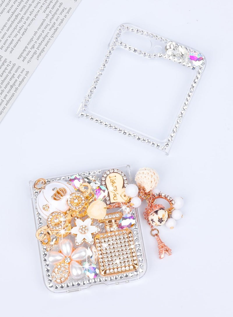 Luxury Handmade Rhinestone Case for Galaxy Z Flip 5 with Sparkling Pumpkin Charm, Bling Glitter Hard PC Cover for Women and Girls in White