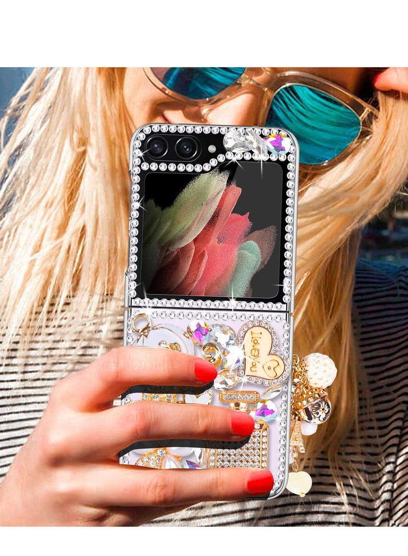 Luxury Handmade Rhinestone Case for Galaxy Z Flip 5 with Sparkling Pumpkin Charm, Bling Glitter Hard PC Cover for Women and Girls in White