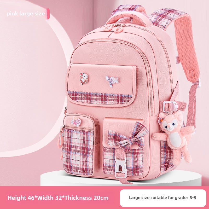 2024 Girls Plaid Backpack Large Capacity Lightweight Waterproof Elementary Large Pink Doll Badge