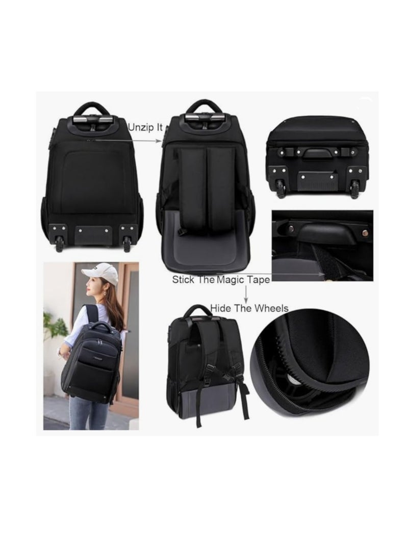 Travel Trolley Bag Rolling Laptop Backpack with Lock for Men Women Travel Backpack with Invisible Wheels Large Capacity Luggage Bag for Notebook Clothes Books Kids School Backpack for Boys Girls