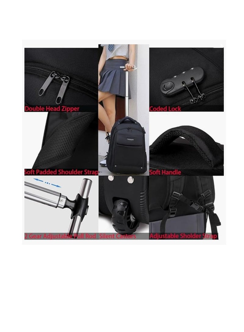 Travel Trolley Bag Rolling Laptop Backpack with Lock for Men Women Travel Backpack with Invisible Wheels Large Capacity Luggage Bag for Notebook Clothes Books Kids School Backpack for Boys Girls