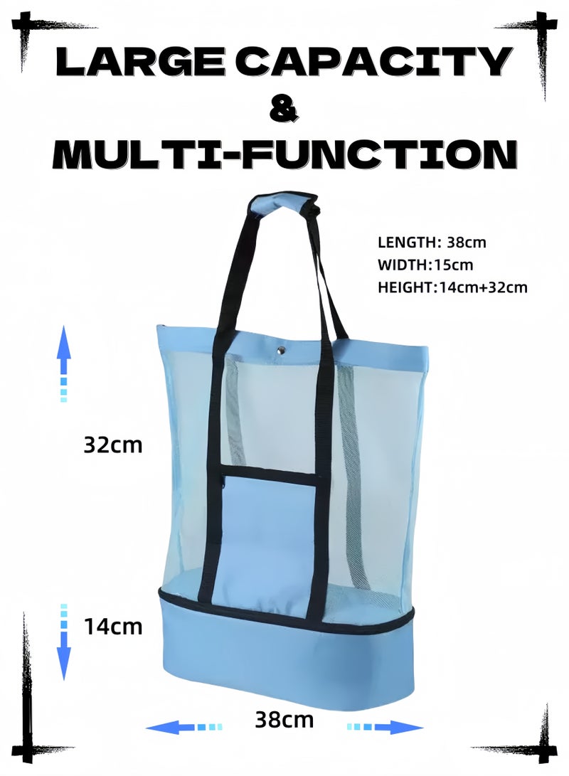 Mesh Beach Tote Bag, Multi-function Picnic Beach Bag With Insulated Cooler Bag For Travel, Swimming, Camping. Blue