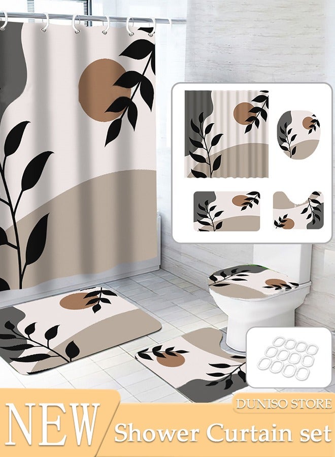 4 Pcs Bathroom Shower Curtain Set, Bathroom Sets with Rugs(Bath Mat, U Shape and Toilet Lid Cover Mat) and Shower Curtain With 12 Metal Hooks, Water Absorbent, Machine Washable Bath Rugs For Bathroom