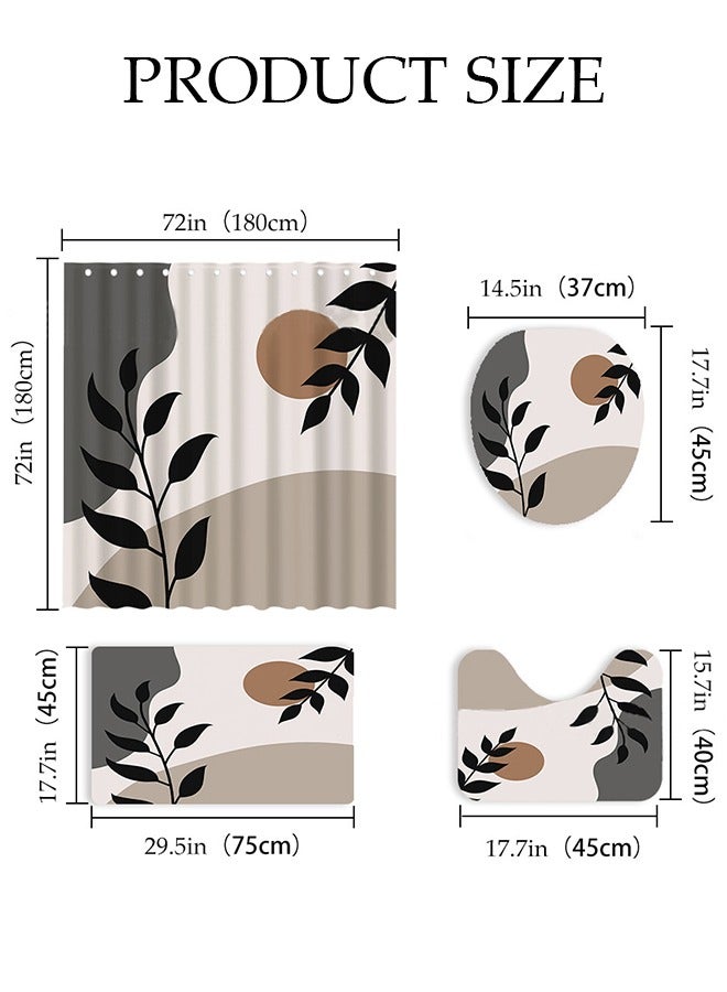 4 Pcs Bathroom Shower Curtain Set, Bathroom Sets with Rugs(Bath Mat, U Shape and Toilet Lid Cover Mat) and Shower Curtain With 12 Metal Hooks, Water Absorbent, Machine Washable Bath Rugs For Bathroom