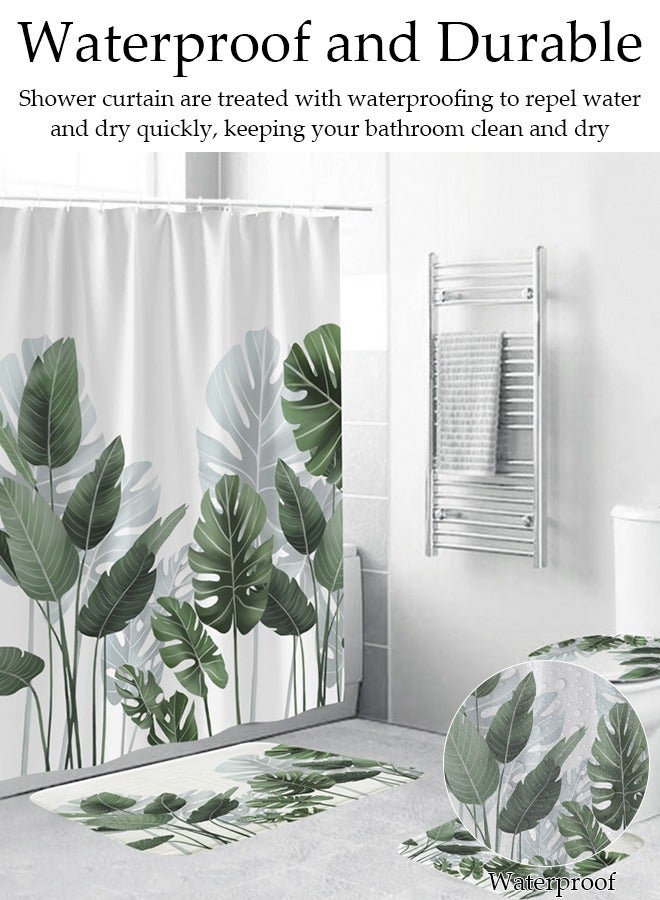 4 Pcs Bathroom Shower Curtain Set, Bathroom Sets with Rugs(Bath Mat, U Shape and Toilet Lid Cover Mat) and Shower Curtain With 12 Metal Hooks, Water Absorbent, Machine Washable Bath Rugs For Bathroom