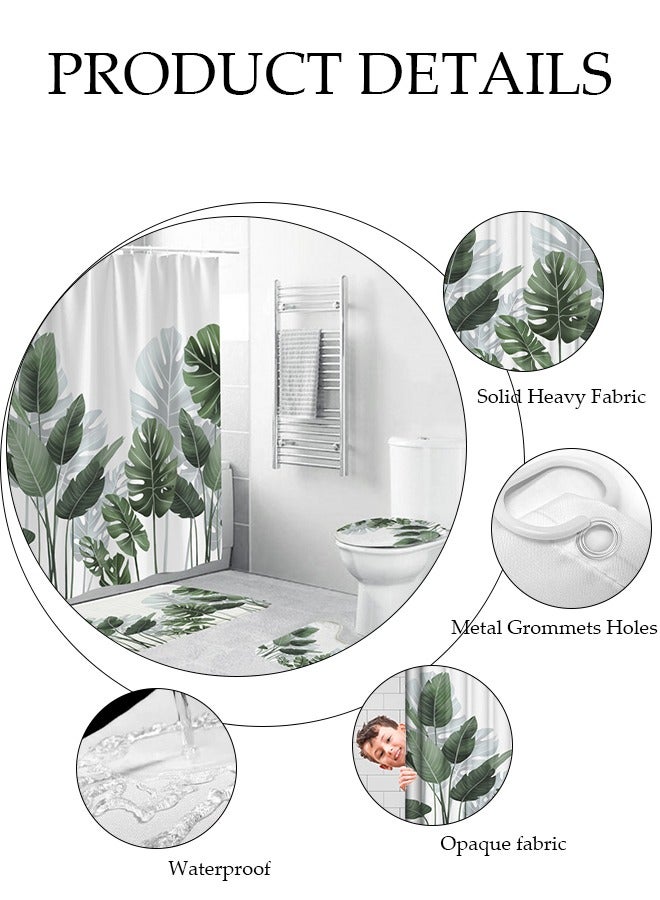 4 Pcs Bathroom Shower Curtain Set, Bathroom Sets with Rugs(Bath Mat, U Shape and Toilet Lid Cover Mat) and Shower Curtain With 12 Metal Hooks, Water Absorbent, Machine Washable Bath Rugs For Bathroom