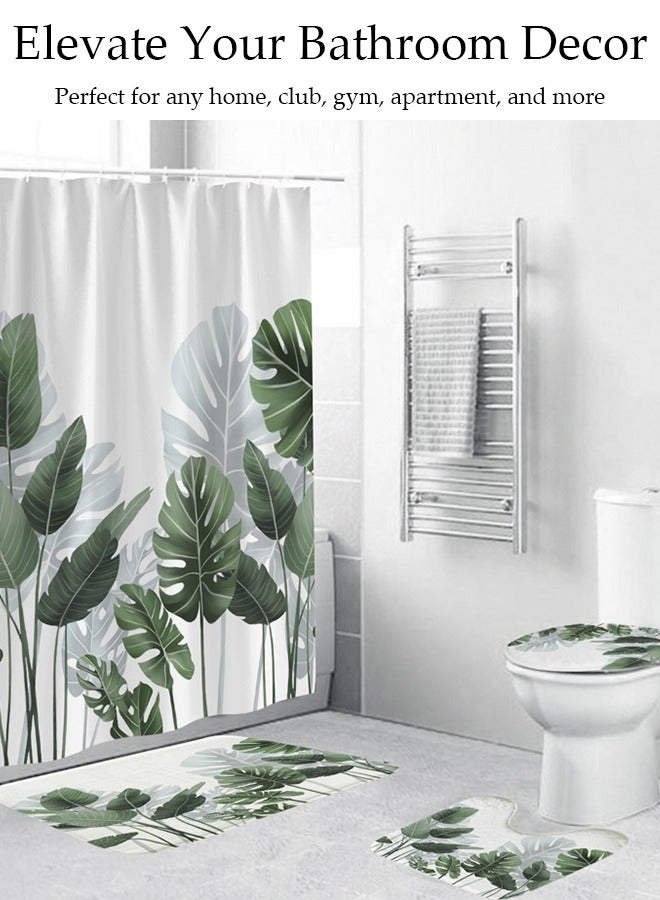 4 Pcs Bathroom Shower Curtain Set, Bathroom Sets with Rugs(Bath Mat, U Shape and Toilet Lid Cover Mat) and Shower Curtain With 12 Metal Hooks, Water Absorbent, Machine Washable Bath Rugs For Bathroom