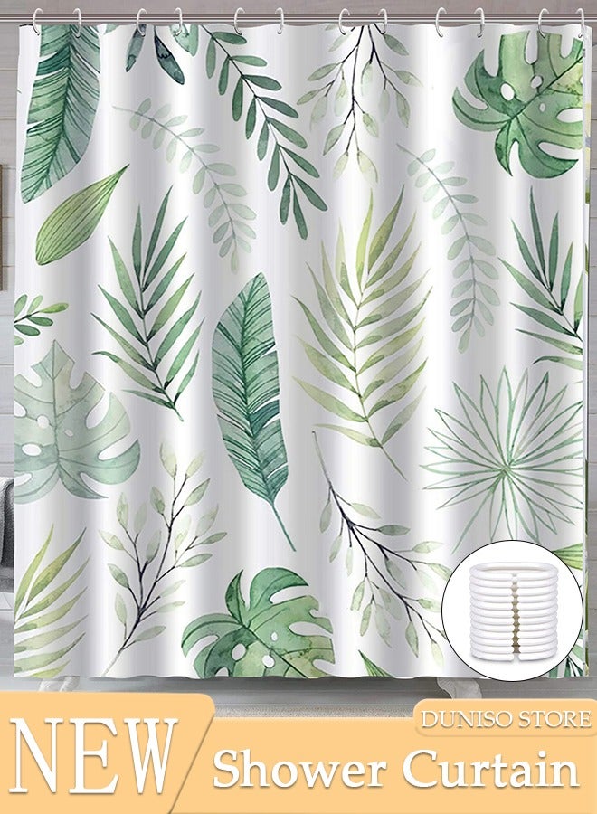 Waterproof Fabric Shower Curtain With 12 Hooks, Bathroom Decor Machine Washable Durable and Quick-Drying, 180*180 cm Green Plants Shower Curtain for Bathroom