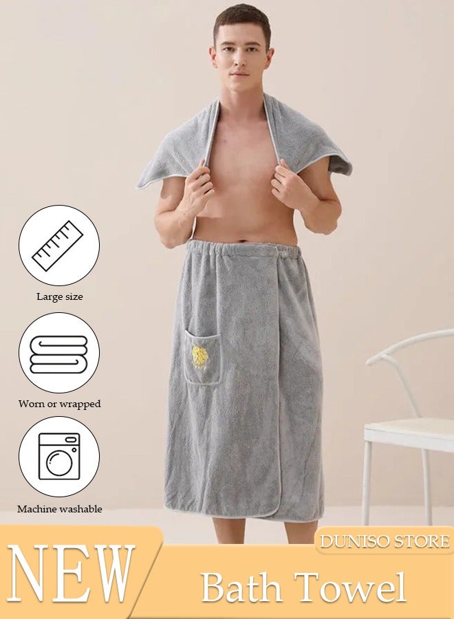 Men's Bath Wrap Towel Spa Robe with Pocket Adjustable Sauna Towels Wearable Body Wrap Towel Water Absorbent Quick-Drying Microfiber Shower Bath Towel