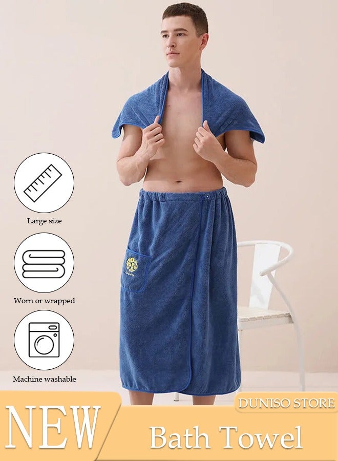 Men's Bath Wrap Towel Spa Robe with Pocket Adjustable Sauna Towels Wearable Body Wrap Towel Water Absorbent Quick-Drying Microfiber Shower Bath Towel