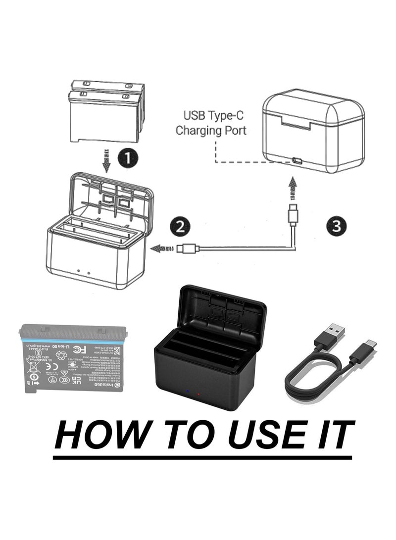 Dual Battery Charger, Compatible for Insta360 X4, Action Camera Battery Fast Charger Hub Case, Charging Storage Station with Misro SD Card Slots and USB Type C Cable for Insta 360 x4 Accessories