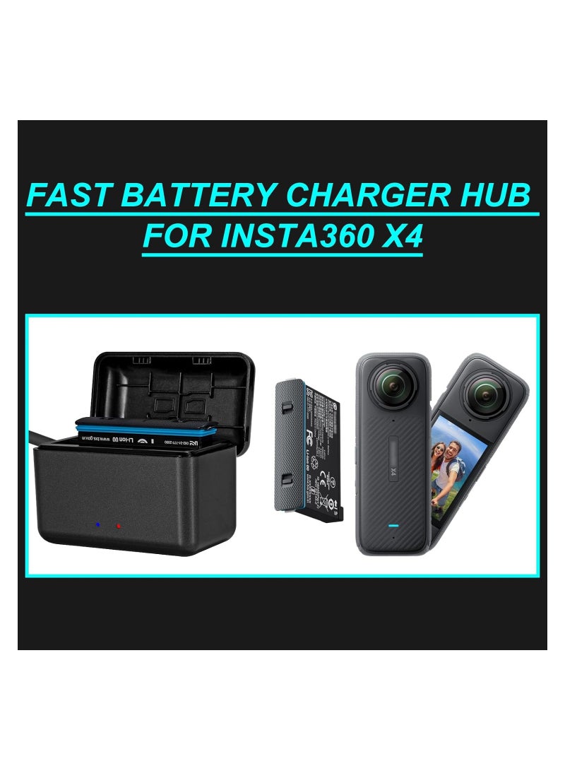 Dual Battery Charger, Compatible for Insta360 X4, Action Camera Battery Fast Charger Hub Case, Charging Storage Station with Misro SD Card Slots and USB Type C Cable for Insta 360 x4 Accessories