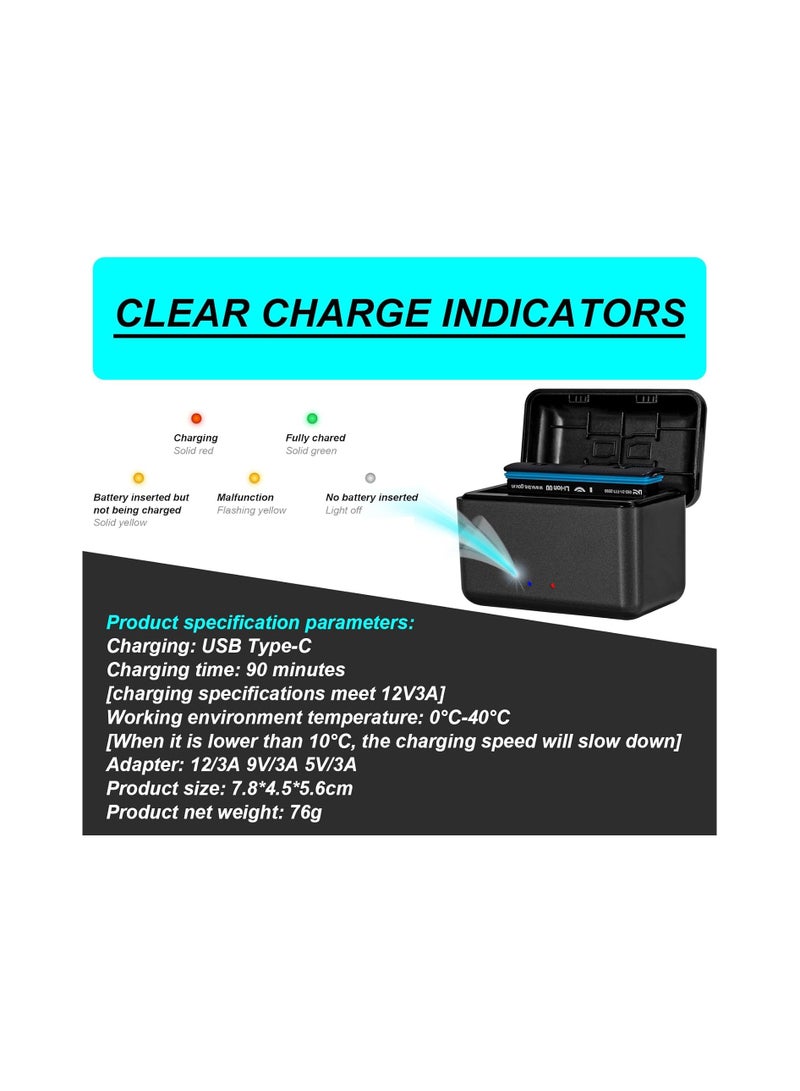 Dual Battery Charger, Compatible for Insta360 X4, Action Camera Battery Fast Charger Hub Case, Charging Storage Station with Misro SD Card Slots and USB Type C Cable for Insta 360 x4 Accessories