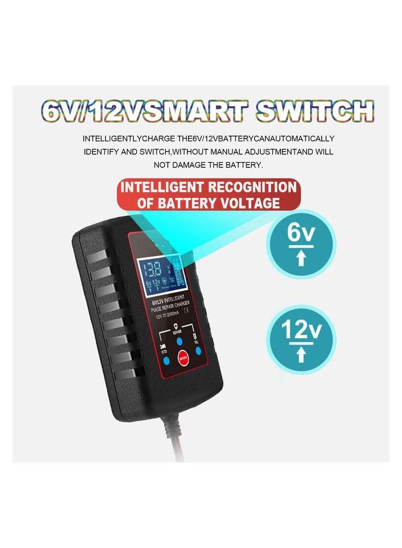 Upgraded 2A Smart Fully Automatic 6V/12V Trickle Charger & Maintainer, Battery Desulfator for Car, Motorcycle, Lawn Mower, Boat, and Marine Lead Acid Batteries.