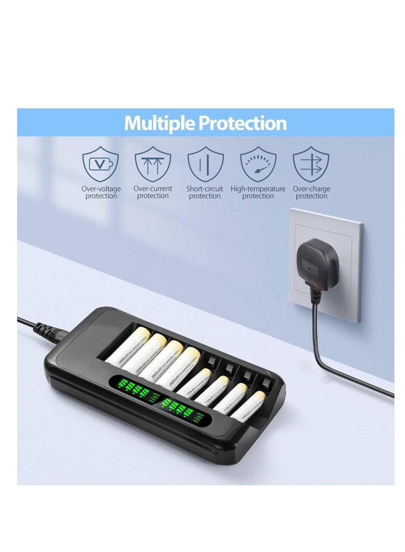 Quick Battery Charger with AC Adapter and Intelligent LCD Display, 8 Independent Charging Slots for Ni-Mh and Ni-Cd Rechargeable AA AAA Batteries, Featuring Safety Protection.