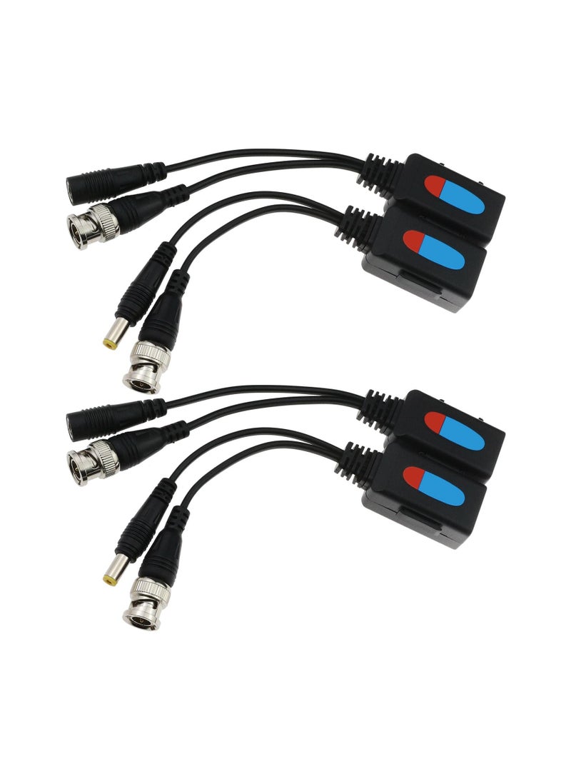 4-Pack Passive Video Balun, RJ45 to BNC Transceiver for 1080p-8MP, DC Power, Supports All Video Devices, Cameras, Monitors, DVRs, and Video Recorders, Durable Plastic and Metal Construction.