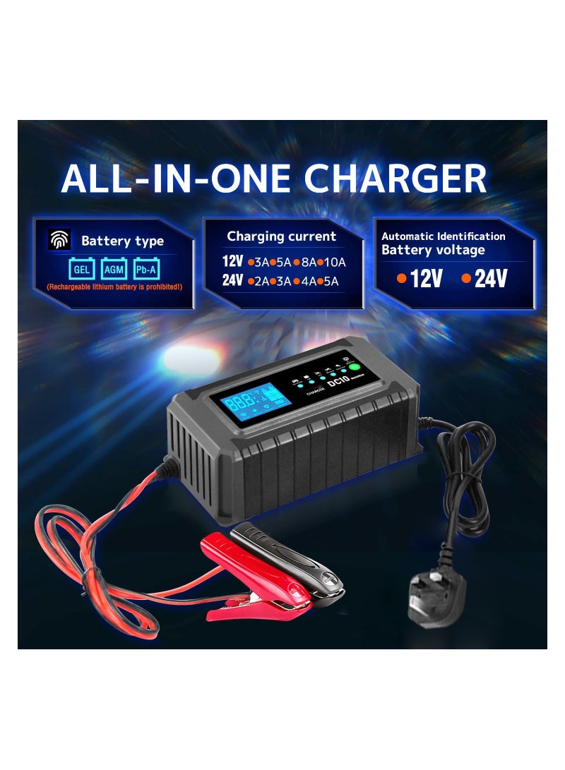 Battery Charger Smart Car Battery Charger Automotive Charger Battery Maintainer Trickle Charger Float Charger and Desulfator for AGM Motorcycle Lawn Mower and Lead-Acid Batteries