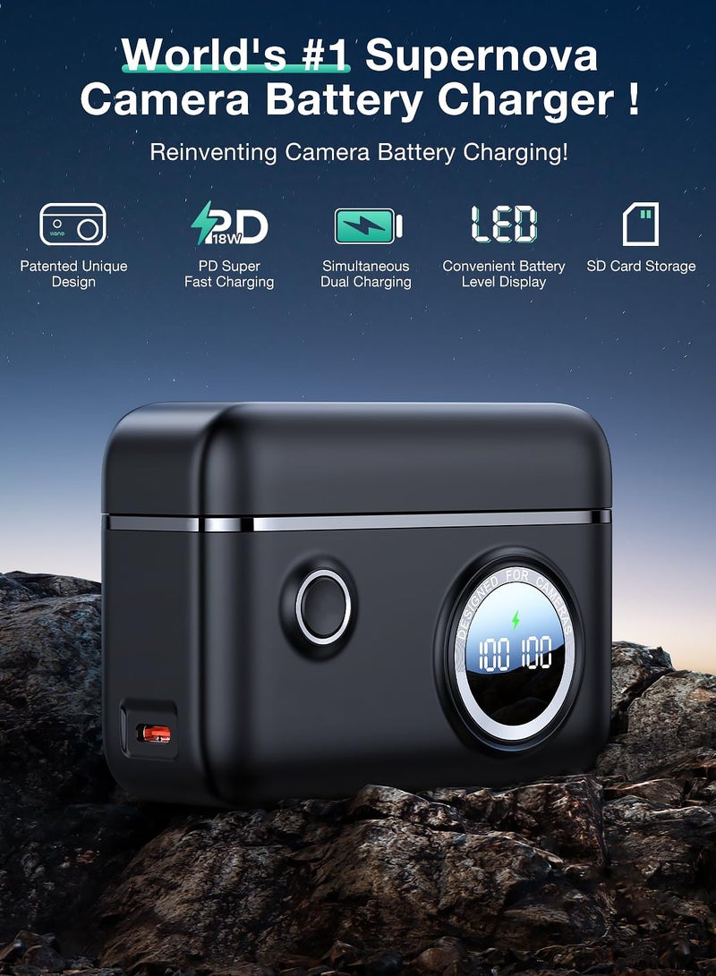 NP-FW50 Dual Battery Charger with PD 18W Fast Charging, Compatible with Sony Alpha A6000, A6500, A7, A7 II, A7S I, Features Smart Digital Display and Magnetic Snap Cover (Dual Ports)