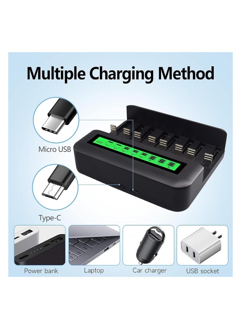 8-Bay LCD Rechargeable Battery Charger for AA, AAA, C, D Ni-MH Batteries with USB Port, Type C Input, Fast Charging, Automatic Detection, and Overcharge Protection.