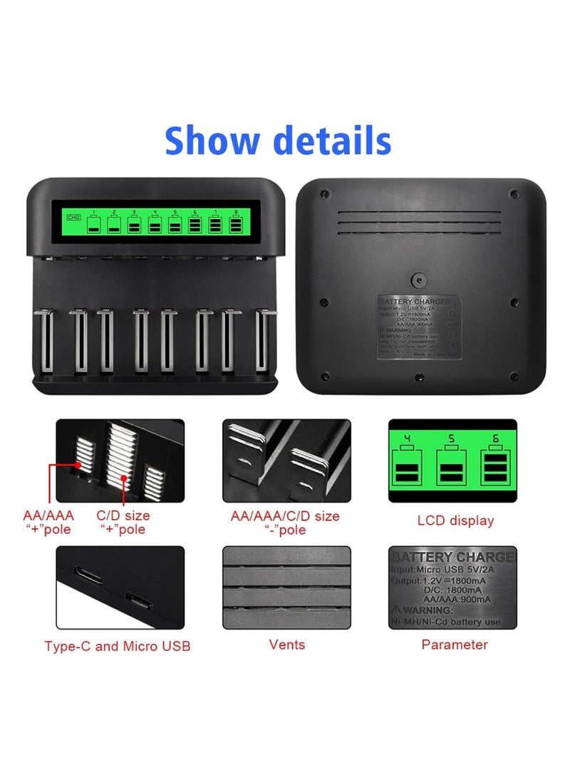 8-Bay LCD Rechargeable Battery Charger for AA, AAA, C, D Ni-MH Batteries with USB Port, Type C Input, Fast Charging, Automatic Detection, and Overcharge Protection.