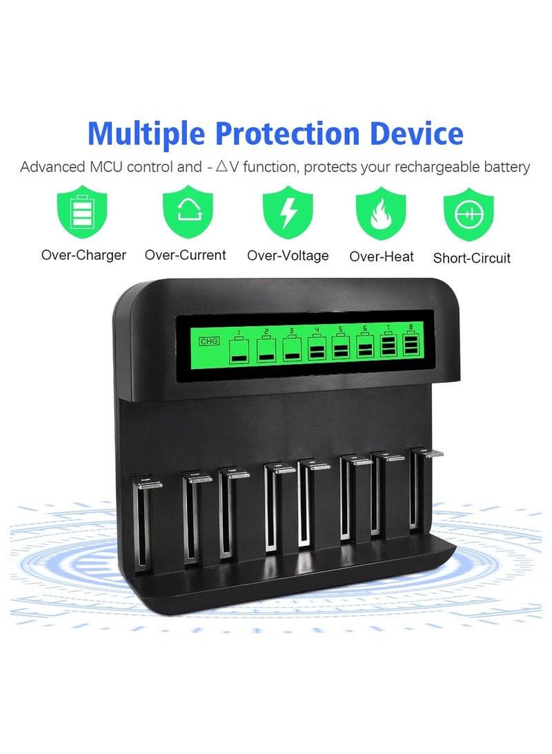 8-Bay LCD Rechargeable Battery Charger for AA, AAA, C, D Ni-MH Batteries with USB Port, Type C Input, Fast Charging, Automatic Detection, and Overcharge Protection.